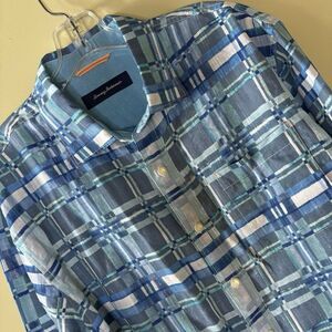 Men's‎ Tommy Bahama Long Sleeved Linen Blend Blue Plaid Button Up Shirt Large